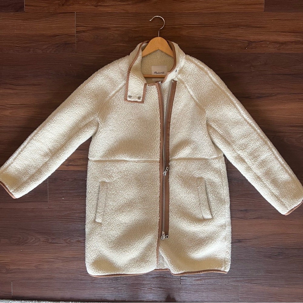 Madewell Cream Teddy Jacket with Tan Trim Accents